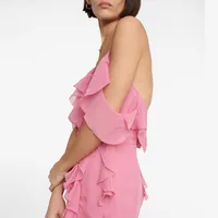 Elegant Pink Maxi Dress With Slit Deep V Neck Strapless Gored Hemline Polyester Fiber No Sleeve Ankle Length Formal Dress main image 3