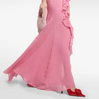 Elegant Pink Maxi Dress With Slit Deep V Neck Strapless Gored Hemline Polyester Fiber No Sleeve Ankle Length Formal Dress main image 4