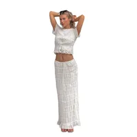 Sexy European Women's Fashion Set With Lace Trim Long Skirt Transparent Shiny Polyester Three-quarter Sleeve Casual Style main image 5