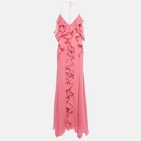 Elegant Pink Maxi Dress With Slit Deep V Neck Strapless Gored Hemline Polyester Fiber No Sleeve Ankle Length Formal Dress main image 5