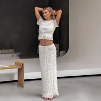 Sexy European Women's Fashion Set With Lace Trim Long Skirt Transparent Shiny Polyester Three-quarter Sleeve Casual Style sku image 1