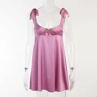 French Style Satin Strapless Hollow Out Summer Dress  Belted Wraparound High Waist A-Line Knee-Length Dress main image 3