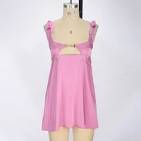 French Style Satin Strapless Hollow Out Summer Dress  Belted Wraparound High Waist A-Line Knee-Length Dress sku image 2