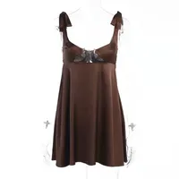 French Style Satin Strapless Hollow Out Summer Dress  Belted Wraparound High Waist A-Line Knee-Length Dress sku image 9