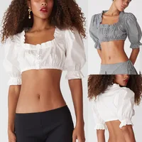 Casual Sexy Crop Top Women's Shirt European Style Decorative Button Wooden Edge Ultra Short Length Bubbles Sleeve Square Collar main image 1