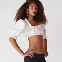 Casual Sexy Crop Top Women's Shirt European Style Decorative Button Wooden Edge Ultra Short Length Bubbles Sleeve Square Collar main image 2