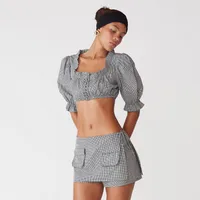 Casual Sexy Crop Top Women's Shirt European Style Decorative Button Wooden Edge Ultra Short Length Bubbles Sleeve Square Collar main image 4