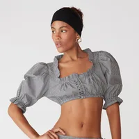 Casual Sexy Crop Top Women's Shirt European Style Decorative Button Wooden Edge Ultra Short Length Bubbles Sleeve Square Collar sku image 7