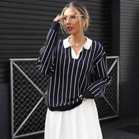 European Style Casual Street Fashion Striped Women's Sweater Turn-down Collar Long Sleeve Loose Fit Comfortable Elastic Velvet main image 1