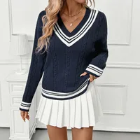 Autumn Winter V-Neck Twist Knit Sweater Color Block Hoodie European Style Fresh Sweet College Wind Women's Long Sleeve Sweater main image 4