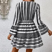 Elegant V-neck Printed Dress Women's Fashion Autumn New Style Gored Sleeve Striped Print Long Sleeve Midi Dress A-line Skirt main image 2