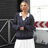 European Style Casual Street Fashion Striped Women's Sweater Turn-down Collar Long Sleeve Loose Fit Comfortable Elastic Velvet main image 2