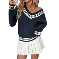 Autumn Winter V-Neck Twist Knit Sweater Color Block Hoodie European Style Fresh Sweet College Wind Women's Long Sleeve Sweater main image 5