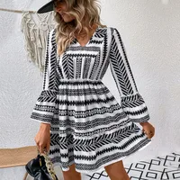 Elegant V-neck Printed Dress Women's Fashion Autumn New Style Gored Sleeve Striped Print Long Sleeve Midi Dress A-line Skirt sku image 1