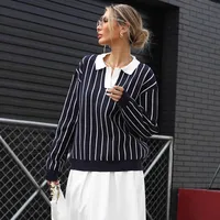 European Style Casual Street Fashion Striped Women's Sweater Turn-down Collar Long Sleeve Loose Fit Comfortable Elastic Velvet main image 3