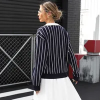 European Style Casual Street Fashion Striped Women's Sweater Turn-down Collar Long Sleeve Loose Fit Comfortable Elastic Velvet main image 4