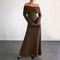 Elegant Brown One-Shoulder Slim Fit Long Dress Women Autumn New Style High Waist Ankle-Length Simple Design Polyester Knitted main image 2