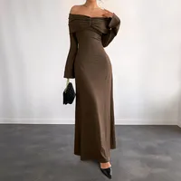 Elegant Brown One-Shoulder Slim Fit Long Dress Women Autumn New Style High Waist Ankle-Length Simple Design Polyester Knitted sku image 2