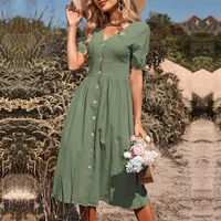 Summer  Women's Cotton Linen Short Sleeve V-Neck Dress Elegant Style High Waist A-Line Skirt Pure Color Splice Design main image 3