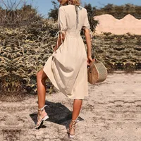Summer  Women's Cotton Linen Short Sleeve V-Neck Dress Elegant Style High Waist A-Line Skirt Pure Color Splice Design main image 4