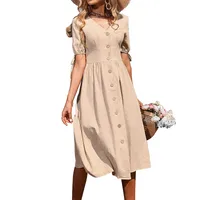 Summer  Women's Cotton Linen Short Sleeve V-Neck Dress Elegant Style High Waist A-Line Skirt Pure Color Splice Design main image 5