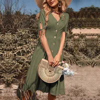 Summer  Women's Cotton Linen Short Sleeve V-Neck Dress Elegant Style High Waist A-Line Skirt Pure Color Splice Design sku image 2