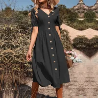 Summer  Women's Cotton Linen Short Sleeve V-Neck Dress Elegant Style High Waist A-Line Skirt Pure Color Splice Design sku image 8