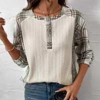 Women's Long Sleeve Round Neck T-Shirt Autumn Winter Plaid Patchwork Casual Style Comfortable Cotton Blend Top main image 4