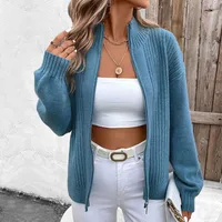Autumn Winter Women's Knitted Pure Color Stand Collar Sweater Casual Style Long Sleeve Loose Fit Zipper Design Fashion Outerwear main image 3