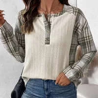 Women's Long Sleeve Round Neck T-Shirt Autumn Winter Plaid Patchwork Casual Style Comfortable Cotton Blend Top sku image 2