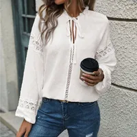 Elegant Embroidered Lace Hollow Out White Shirt For Women Fashionable Commute Style Long Sleeve Pure Color O-Neck Blouse main image 1