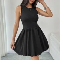 Summer New Style Backless Bouffant Short Skirt  Vest Splicing Dress Sexy High Waist Pure Color Gown main image 2