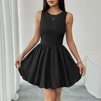 Summer New Style Backless Bouffant Short Skirt  Vest Splicing Dress Sexy High Waist Pure Color Gown sku image 4