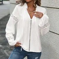 Elegant Embroidered Lace Hollow Out White Shirt For Women Fashionable Commute Style Long Sleeve Pure Color O-Neck Blouse sku image 4