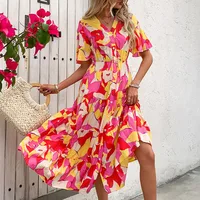 Elegant V-neck Floral Print Summer Dress European Style Vacation Cardigan Women's Fashion Short Sleeve Knee-length A-line Dress main image 1