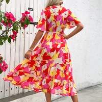 Elegant V-neck Floral Print Summer Dress European Style Vacation Cardigan Women's Fashion Short Sleeve Knee-length A-line Dress main image 2