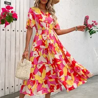 Elegant V-neck Floral Print Summer Dress European Style Vacation Cardigan Women's Fashion Short Sleeve Knee-length A-line Dress main image 4