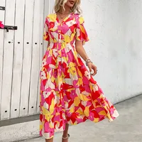 Elegant V-neck Floral Print Summer Dress European Style Vacation Cardigan Women's Fashion Short Sleeve Knee-length A-line Dress sku image 3