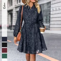 Spring Autumn New European American Long Sleeve See Through Embroidered Dress Elegant Style Polyester Fabric A-Line Skirt main image 1