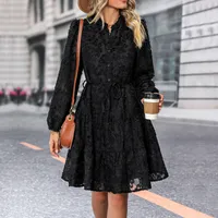 Spring Autumn New European American Long Sleeve See Through Embroidered Dress Elegant Style Polyester Fabric A-Line Skirt sku image 2