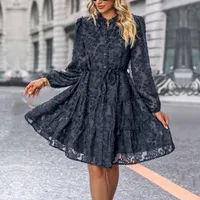Spring Autumn New European American Long Sleeve See Through Embroidered Dress Elegant Style Polyester Fabric A-Line Skirt sku image 8