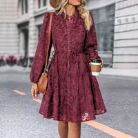 Spring Autumn New European American Long Sleeve See Through Embroidered Dress Elegant Style Polyester Fabric A-Line Skirt sku image 10
