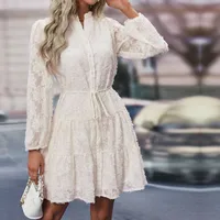 Spring Autumn New European American Long Sleeve See Through Embroidered Dress Elegant Style Polyester Fabric A-Line Skirt sku image 18