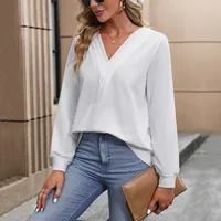 Casual V-Neck Sweater European Style Women's Fashion Autumn Pleated Hoodie Loose Fit Long Sleeve Comfortable Polyester Sweatshirt main image 2