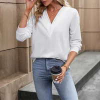 Casual V-Neck Sweater European Style Women's Fashion Autumn Pleated Hoodie Loose Fit Long Sleeve Comfortable Polyester Sweatshirt main image 3