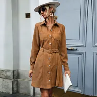 Retro Style Autumn New Women's Dress Pure Color Belted Corduroy High Waist A-Line Skirt Long Sleeve Turn-down Collar Gown main image 3