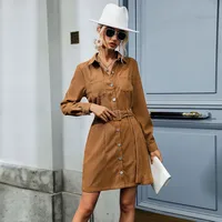 Retro Style Autumn New Women's Dress Pure Color Belted Corduroy High Waist A-Line Skirt Long Sleeve Turn-down Collar Gown main image 4