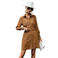 Retro Style Autumn New Women's Dress Pure Color Belted Corduroy High Waist A-Line Skirt Long Sleeve Turn-down Collar Gown main image 5
