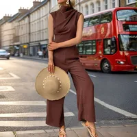 Summer New Women's One-Piece Pants  Style Sleeveless Swing Collar Long Pants Commute Style Straight Leg main image 4