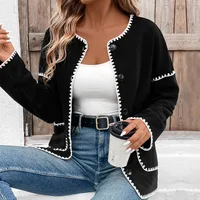 Casual Oversized Fleece Lined Open Cardigan Women's Autumn Winter Coat Color Block Trim  Style Long Sleeve main image 4